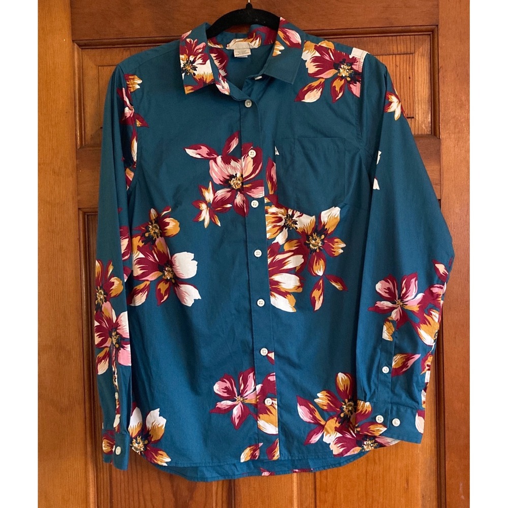 Duluth Trading Co Womens S Teal Floral Stretch Cotton Button Down Shirt Utility
